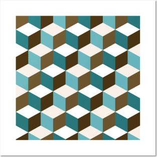 Cubes Teals Browns Cream White Posters and Art